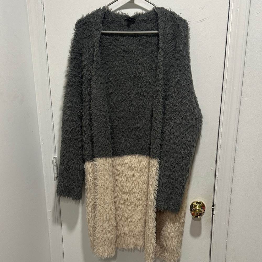 Express Fuzzy Charcoal and Beige Cardigan